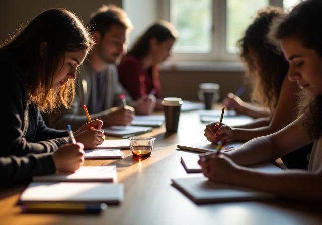 Personnes écrivant dans des carnets autour d'une table.