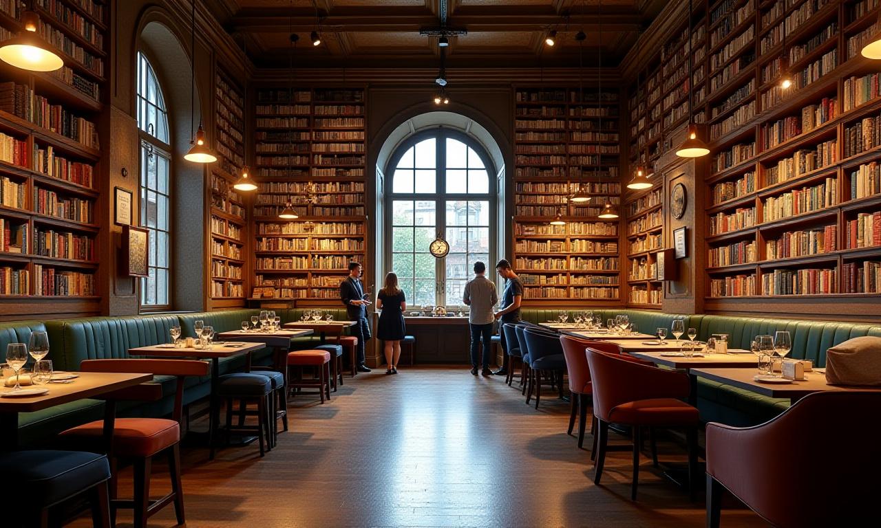 Vue d'ensemble de l'intérieur du café montrant les tables et les étagères de livres.